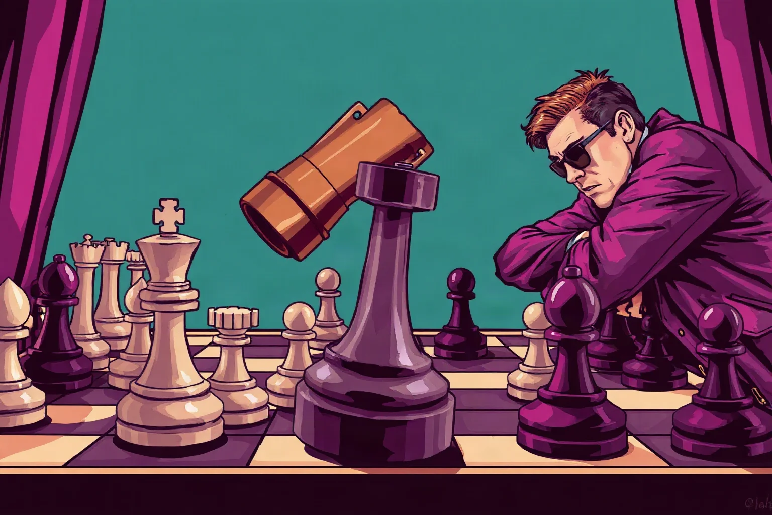 A stylized illustration of a chess player in 1990s attire aggressively pushing a piece forward across a tense board