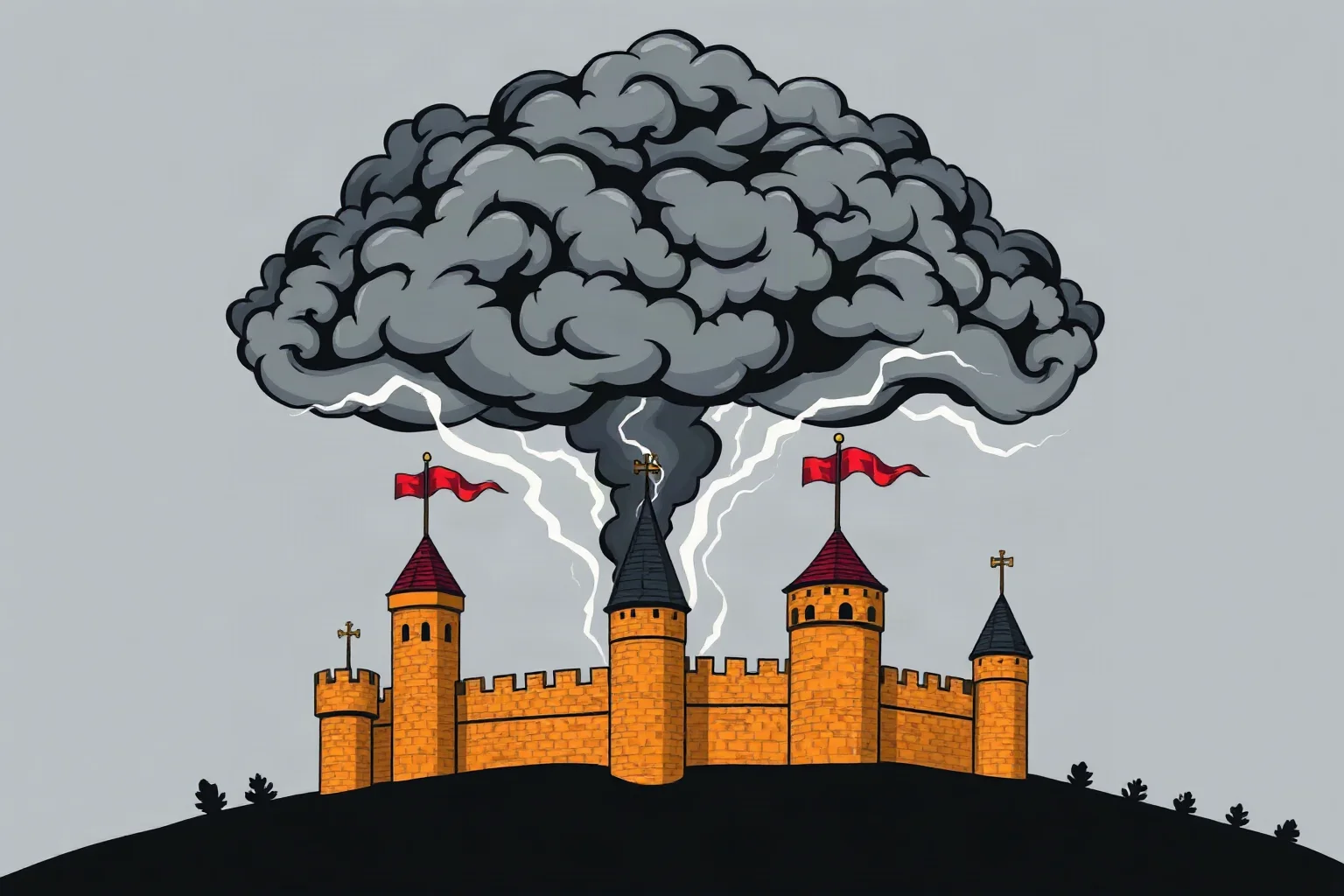 A stylized illustration of a fierce storm cloud over a medieval Russian fortress, symbolizing a 'formidable' ruler