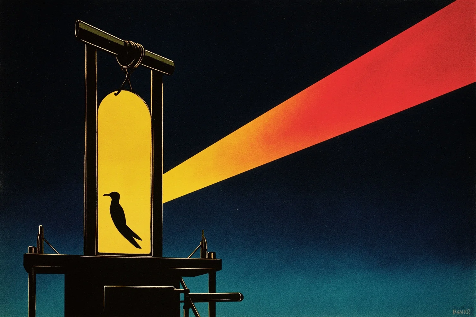Galileo, Harvard, and 20 Other Unlikely Simultaneous Historical Events 14 A stylized illustration of a guillotine silhouette beside a glowing film projector beam, symbolizing 1977