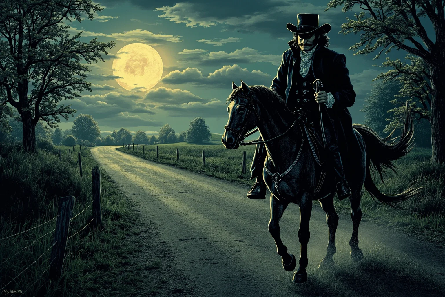 A stylized illustration of a masked 18th-century highwayman on horseback along a moonlit English country road