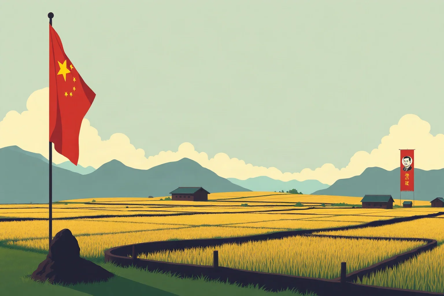 A stylized illustration of a red-flagged rural landscape with rice fields and a distant portrait banner, evoking 20th-century China