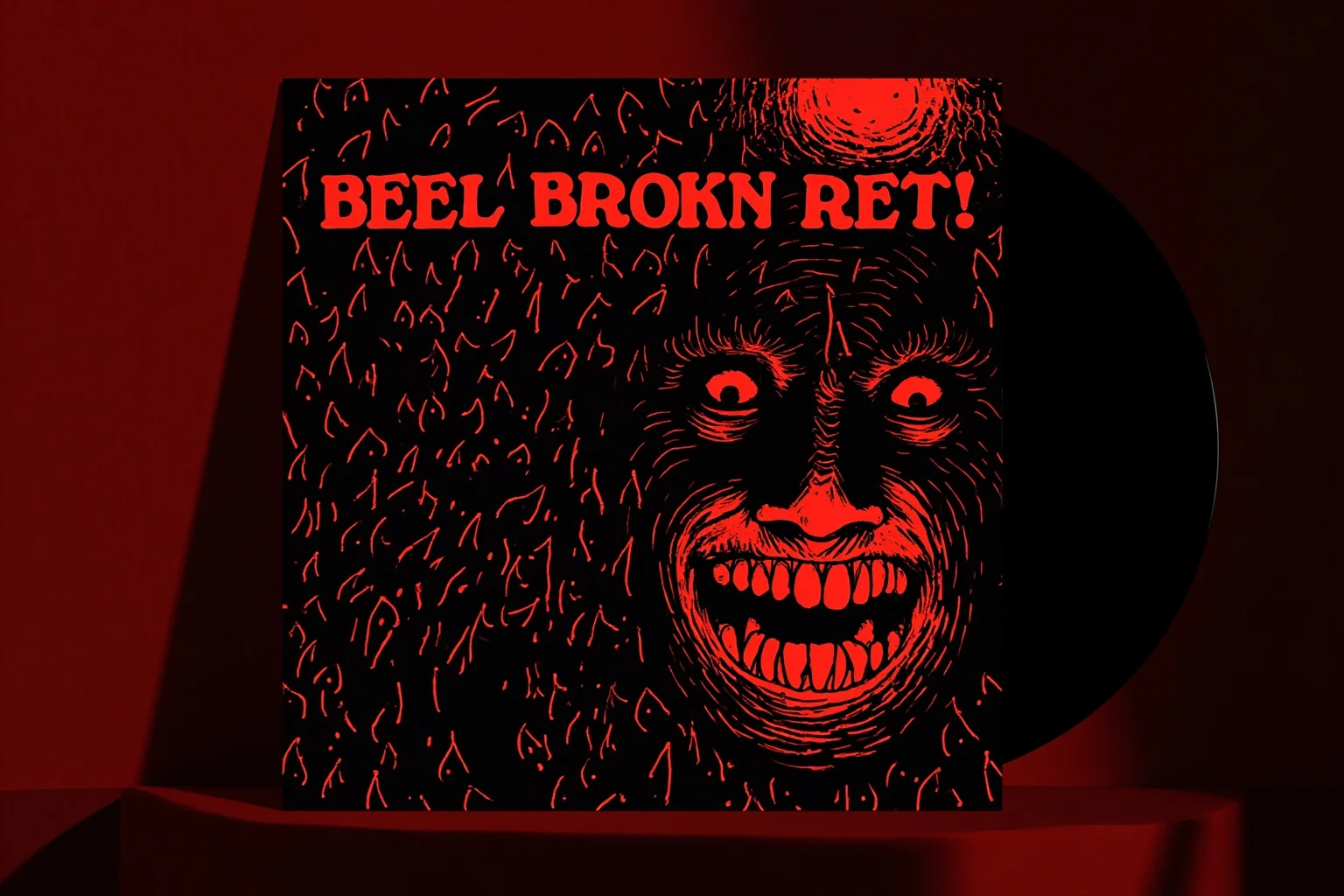 A stylized illustration of a vinyl record album cover with dramatic red and black tones and a spooky, cinematic horror-movie aesthetic
