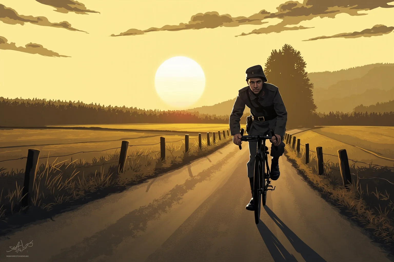 A stylized illustration of a WWII-era resistance fighter cycling along a rural French country road at dawn, fields and forest in the background