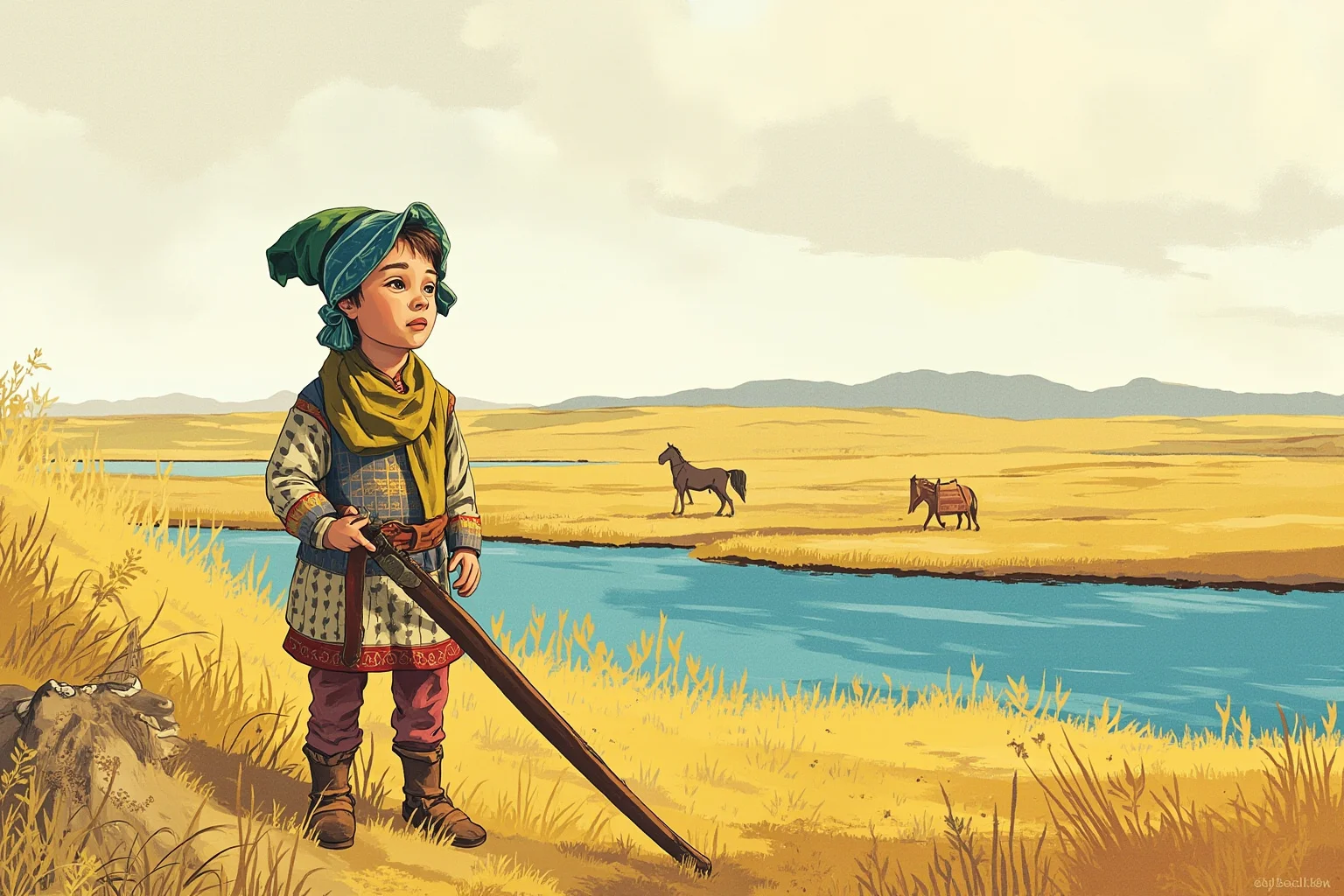25 Little-Known Facts About Genghis Khan, the Brutal Ruler 3 A stylized illustration of a young nomadic boy on the Mongolian steppe near a river, historical art style