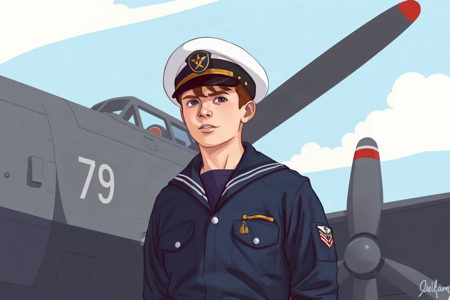 A stylized illustration of a young sailor in a WWII-era Navy uniform standing beside a military aircraft