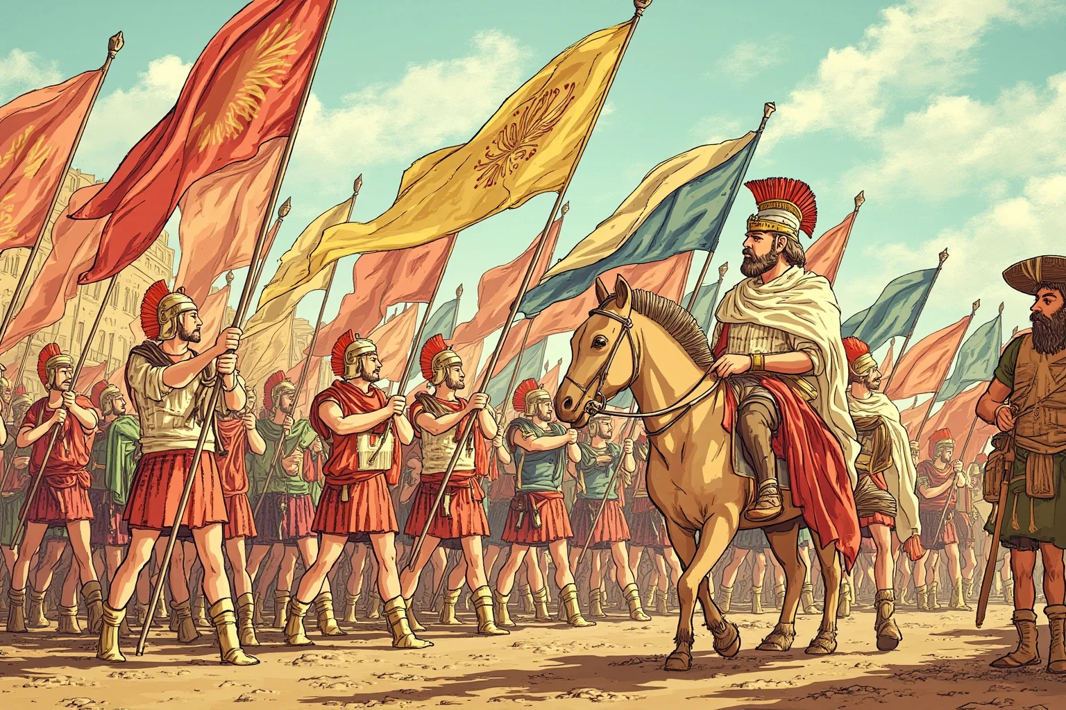 Mardi Gras Krewes: How Parades Turned Into Power And Pop Culture 4 A stylized illustration of an ancient Roman procession with banners and marchers, representing early parade history