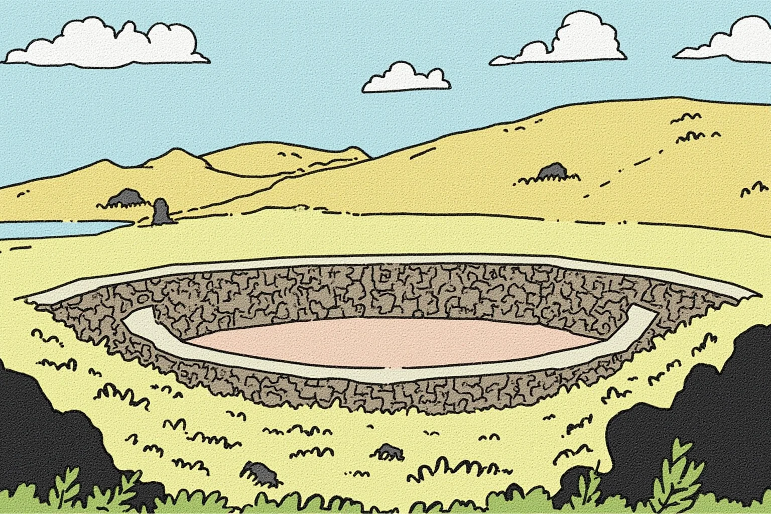 A stylized illustration of Iceland's Althing parliamentary field with a rocky amphitheater