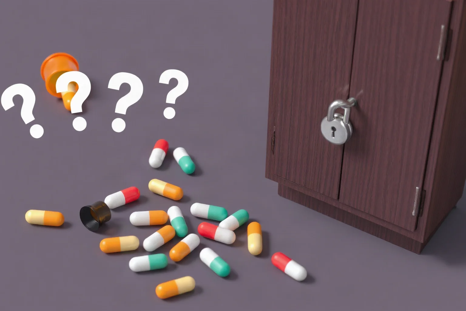 A stylized image of scattered pill bottles and a locked cabinet, symbolizing questions about personal drug use