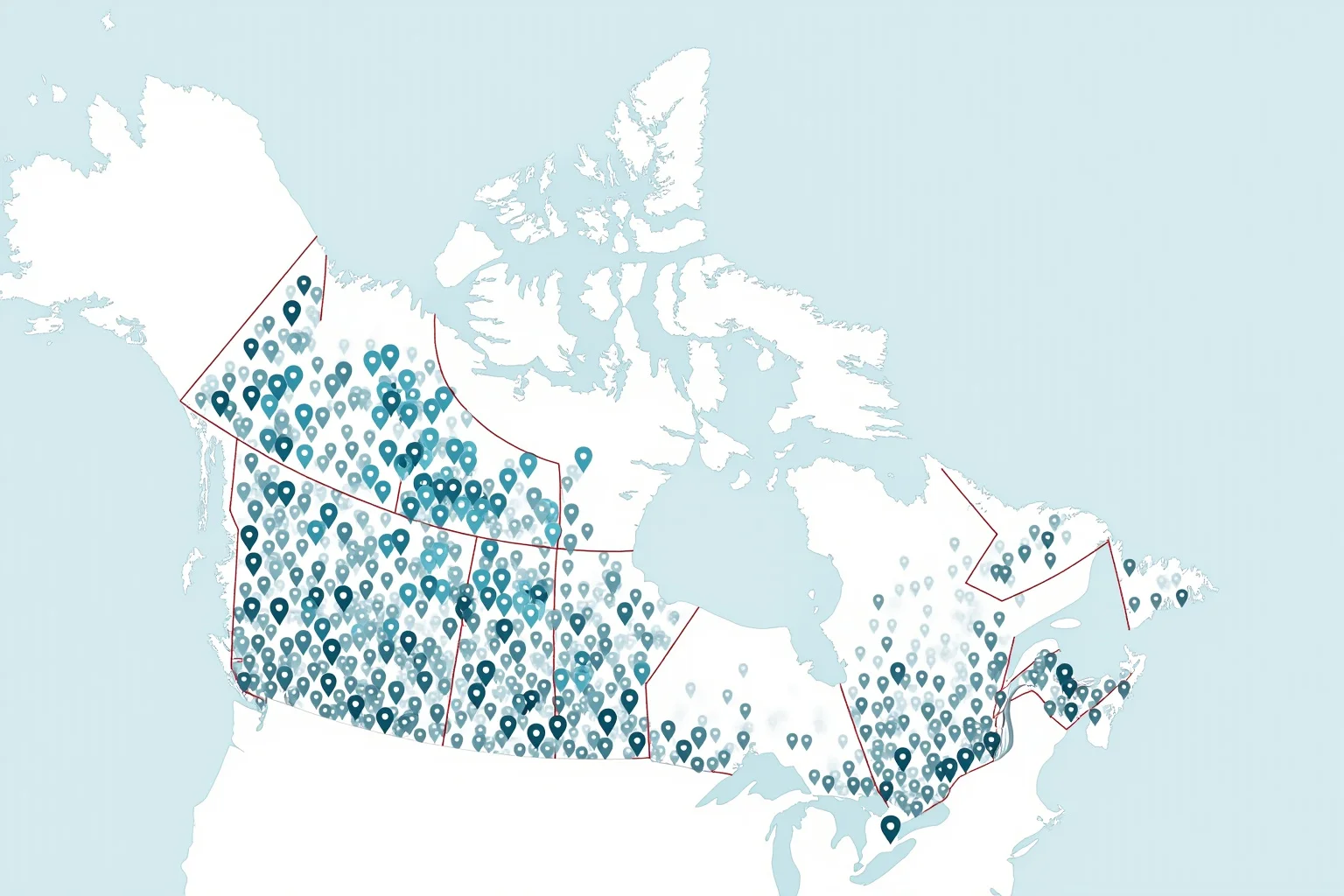 A stylized map of Canada highlighting many small community markers, symbolizing First Nations communities