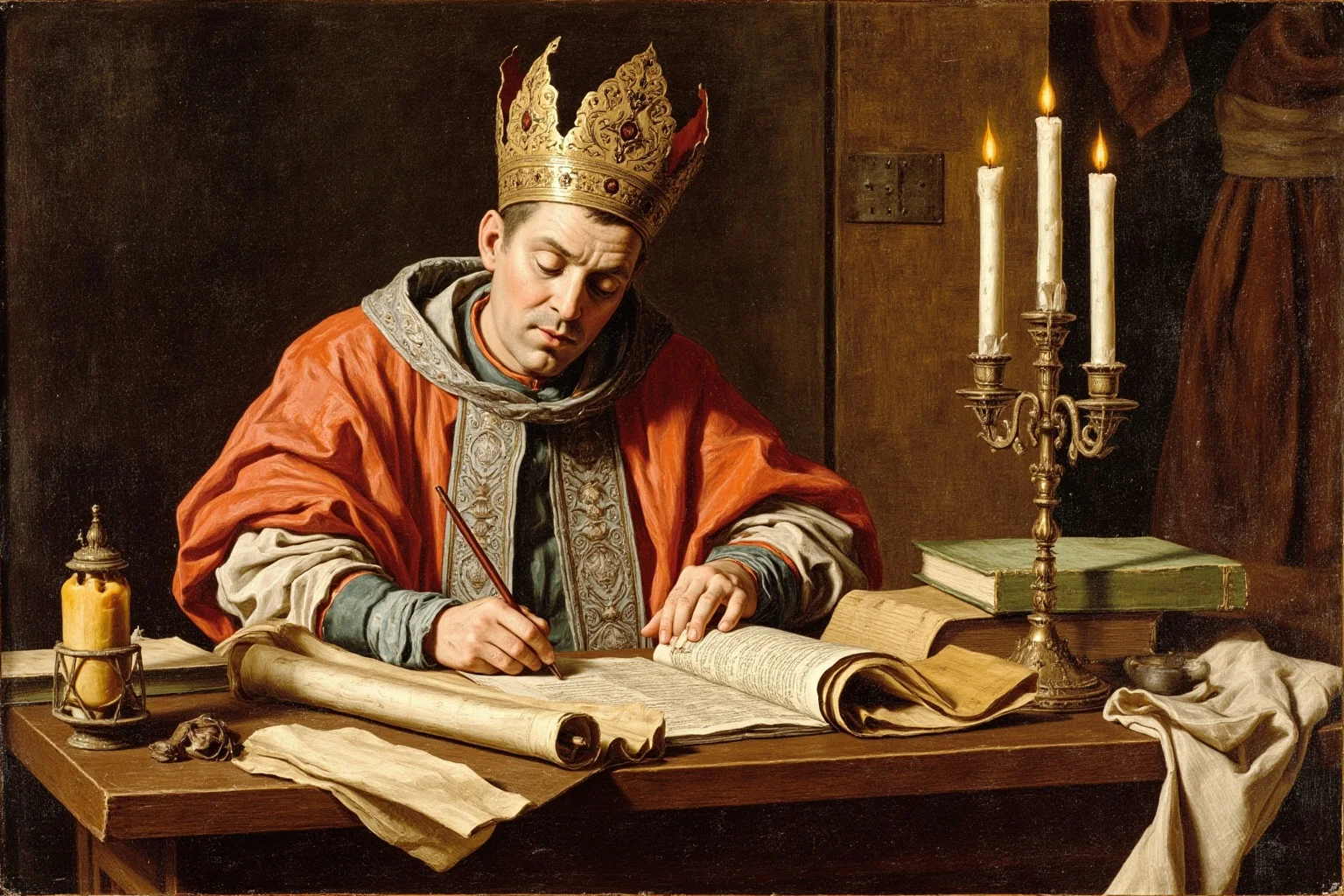 Best and Worst Popes in History: Ranking 20 Who Shaped (or Shook) the Church 10 A stylized painting of a 6th-century pope writing at a wooden desk surrounded by scrolls and candles