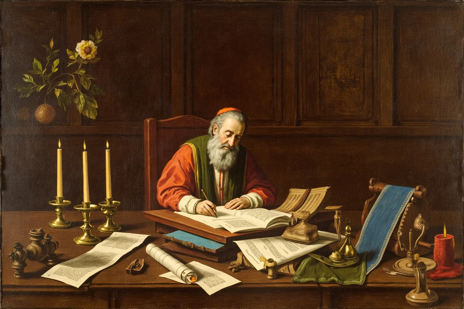 Best and Worst Popes in History: Ranking 20 Who Shaped (or Shook) the Church 13 A stylized painting of a 6th-century pope writing at a wooden desk surrounded by scrolls and candles