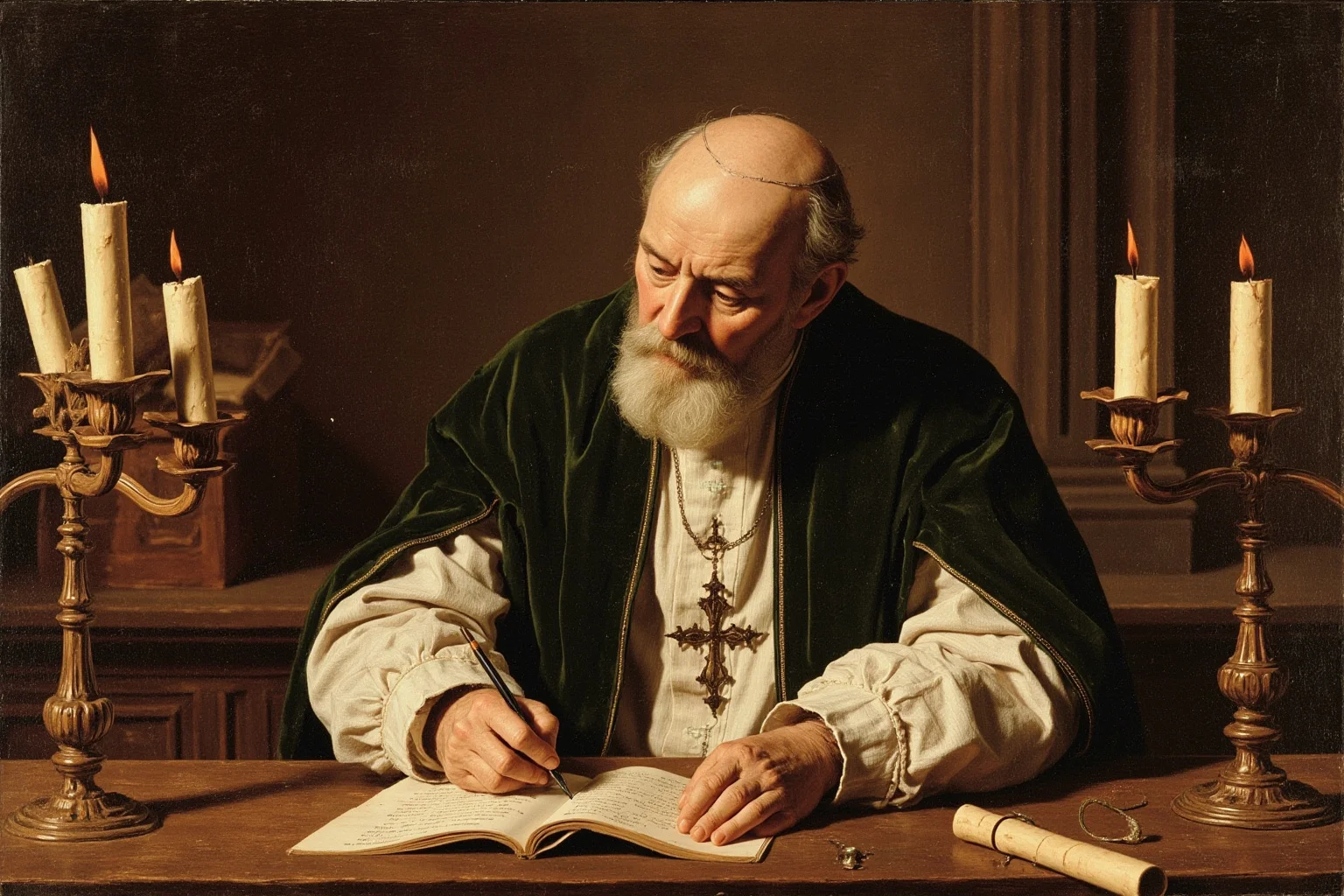Best and Worst Popes in History: Ranking 20 Who Shaped (or Shook) the Church 5 A stylized painting of a 6th-century pope writing at a wooden desk surrounded by scrolls and candles