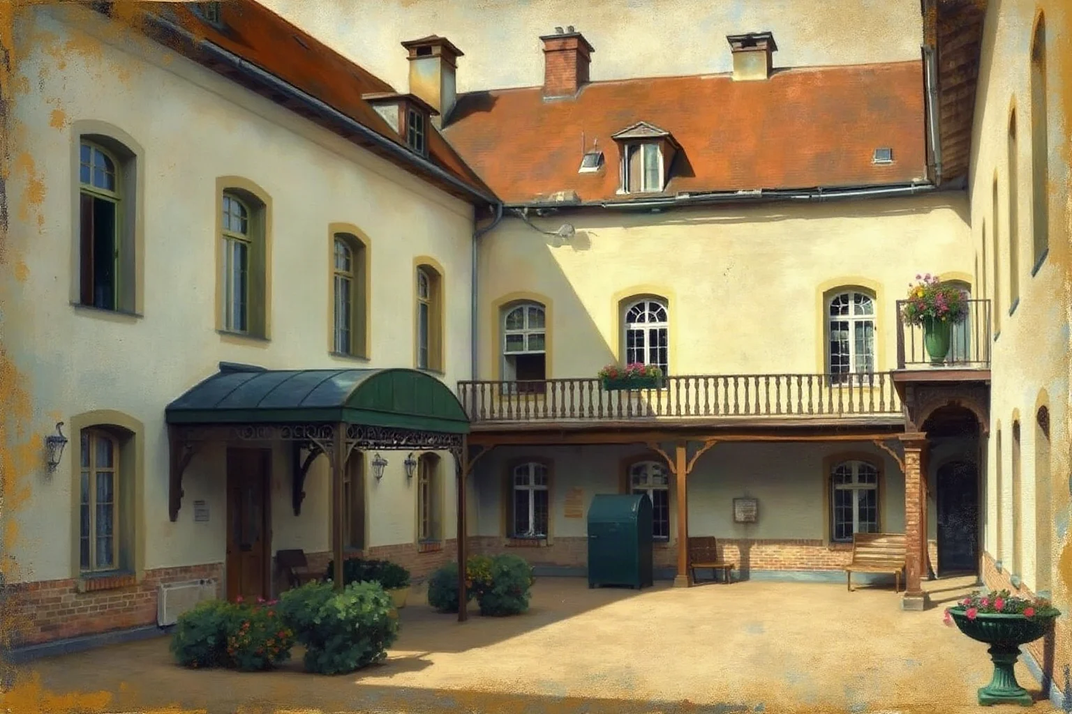 A stylized painting of a French provincial hospital courtyard in the late 1800s, quiet and atmospheric, in a post-impressionist art style