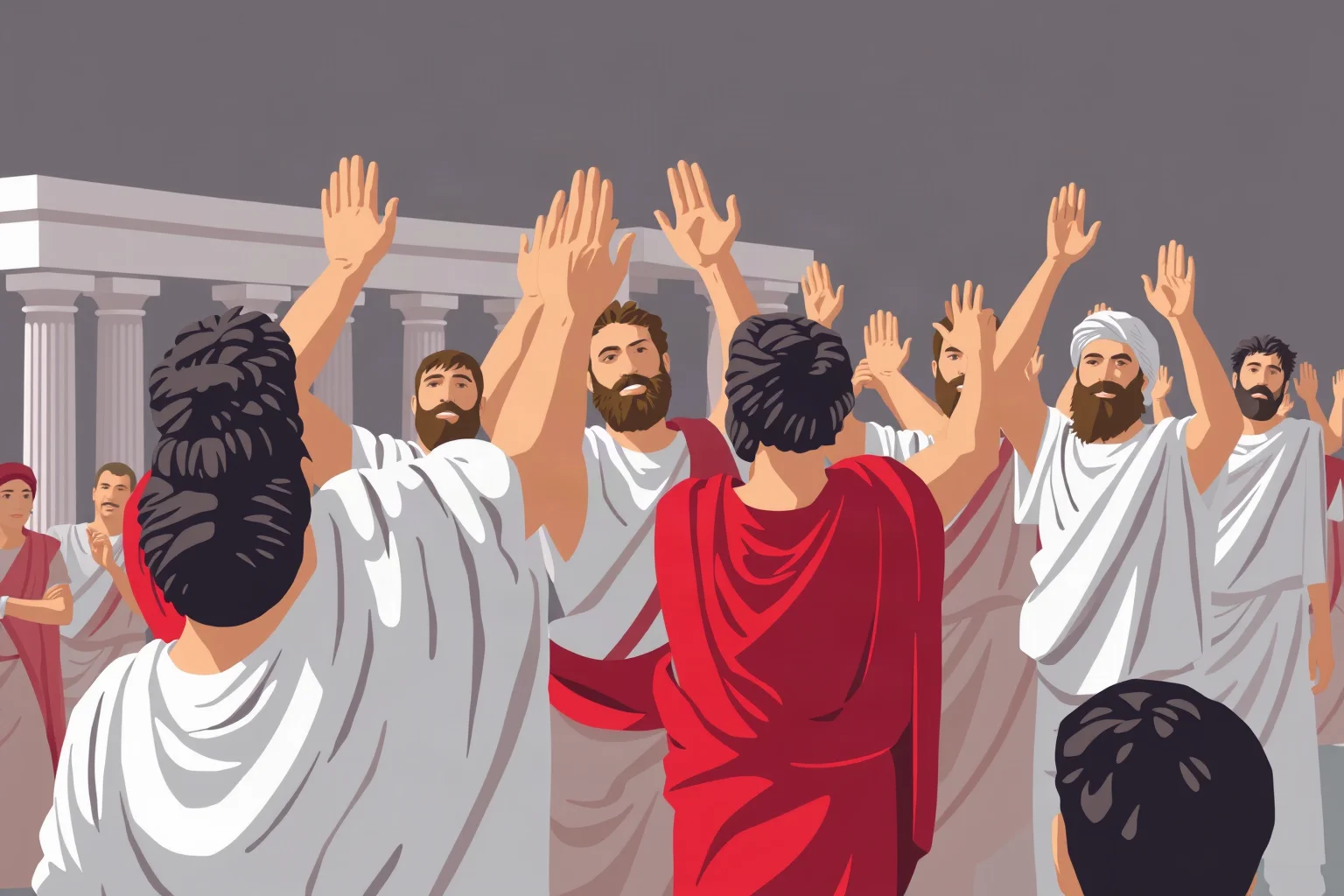 A stylized scene of Athenian male citizens voting by raising hands in an outdoor assembly
