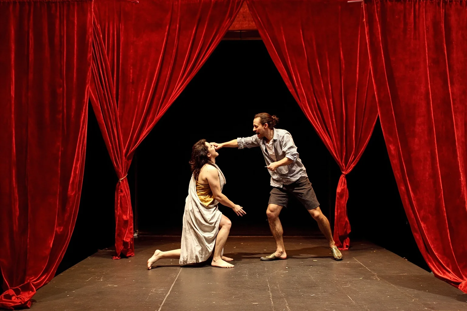 A stylized theatrical stage set with red curtains, representing an intense confrontation scene from a Renaissance tragedy