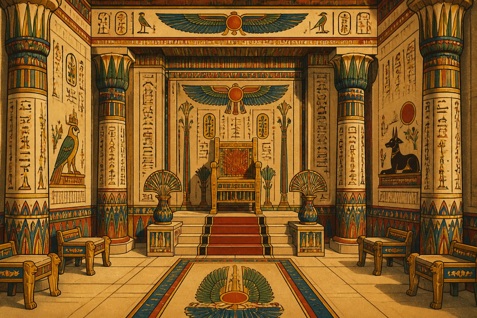 A stylized vintage-style illustration of an ancient Egyptian throne room with hieroglyphic wall art, no identifiable people