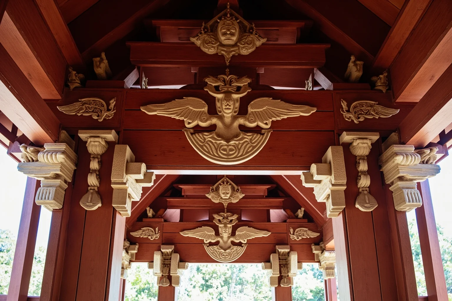 A stylized wooden council chamber with carved emblems, symbolizing sophisticated Indigenous governance