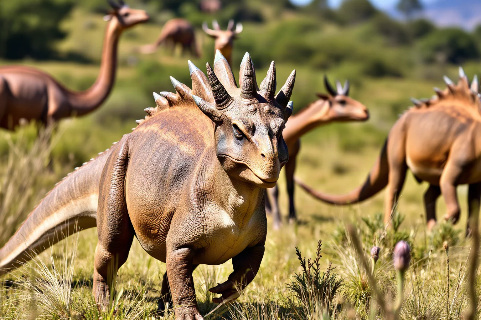 A Styracosaurus with a spiked frill standing in a herd on grassland
