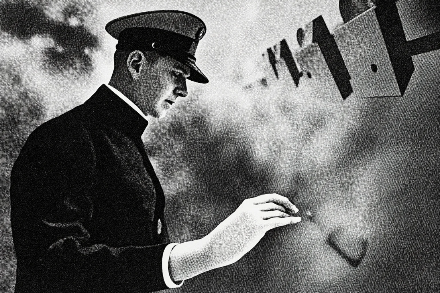 A submarine naval officer standing tensely at a control panel during a Cold War standoff, historical illustration