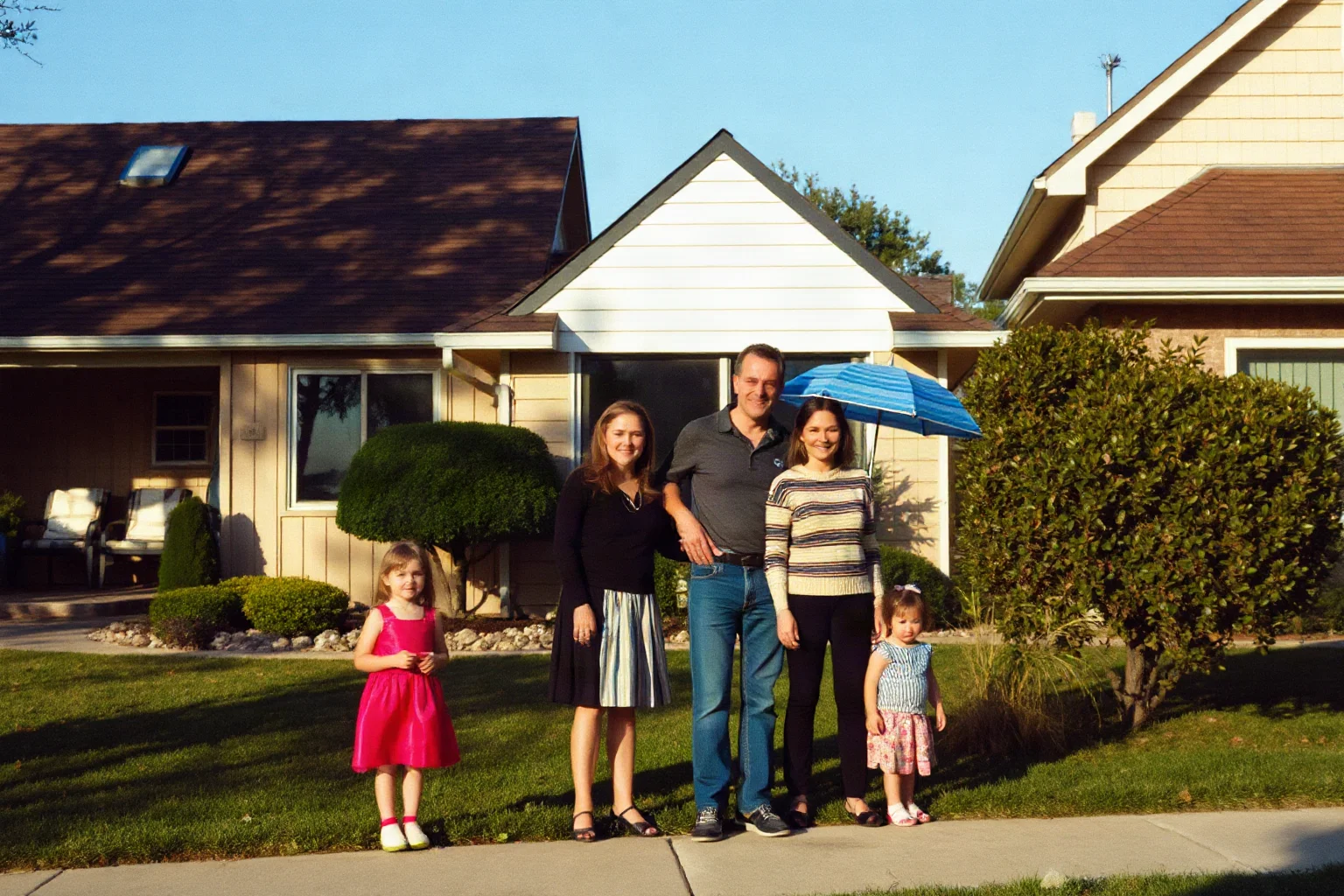 A suburban American family photo aesthetic, 1990s style, with a subtle shadow motif suggesting hidden identity