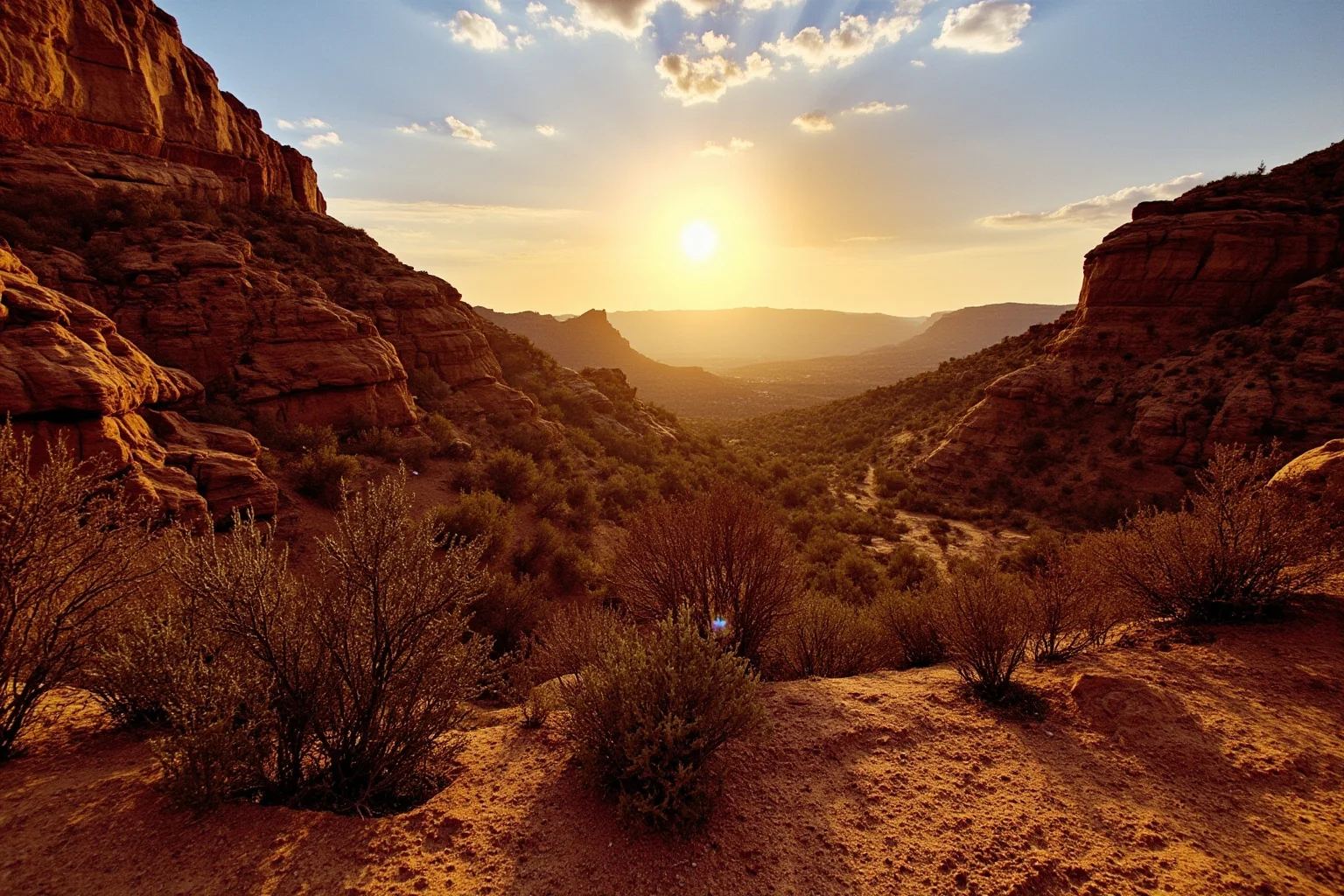Missing Legendary Treasures That Are Yet to Be Found 21 A sun-scorched New Mexico desert canyon with rocky cliffs and sparse desert brush at golden hour
