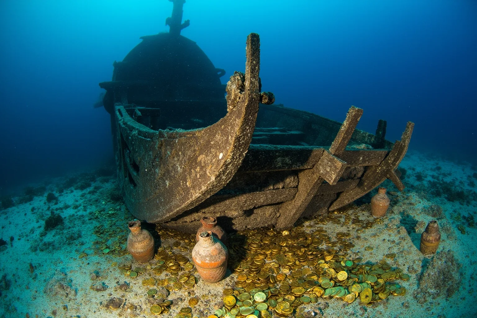 Missing Legendary Treasures That Are Yet to Be Found 11 A sunken 16th-century wooden ship wreck resting on a coral seabed, scattered with gold coins and jars
