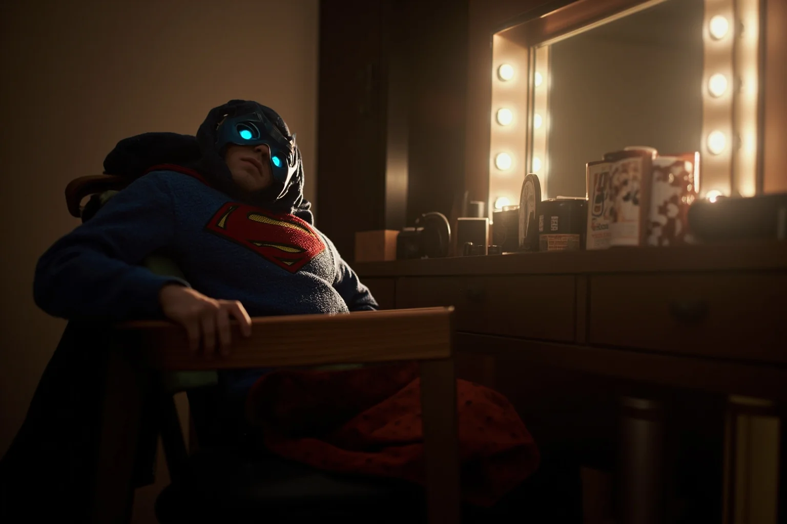22 Hollywood Stars Whose Lives Ended in Tragedy 7 A superhero-style cape and mask resting on a dressing room chair beside a dressing table mirror, dramatic lighting