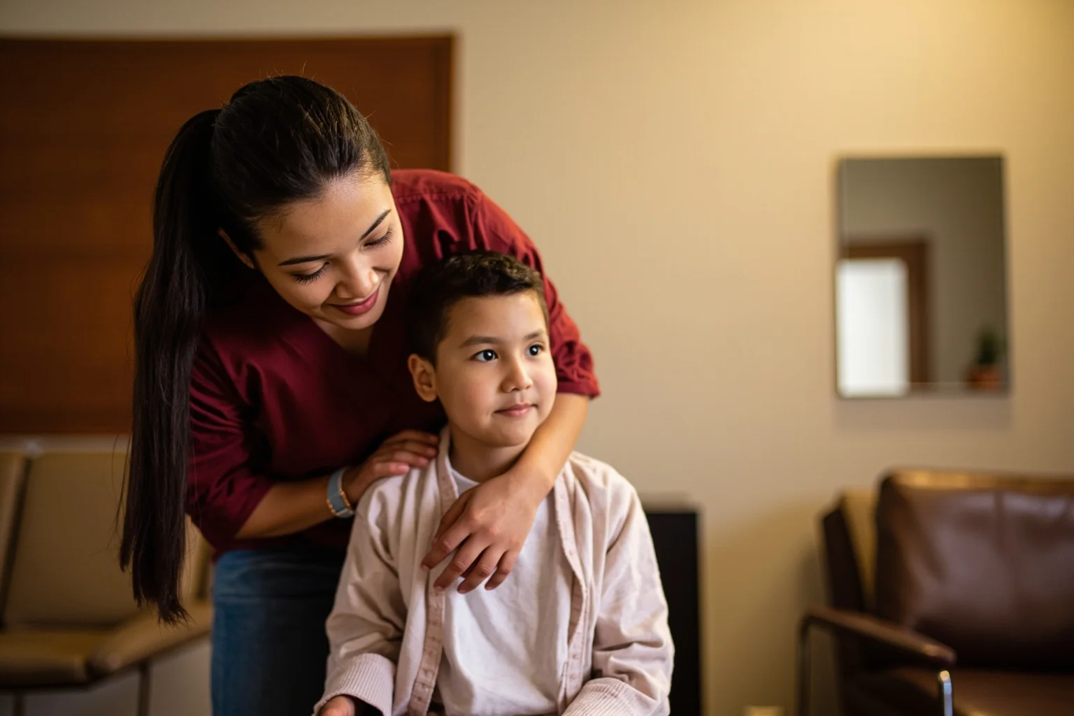 A supportive figure with arm around a young person in a quiet counseling room, warm and private atmosphere