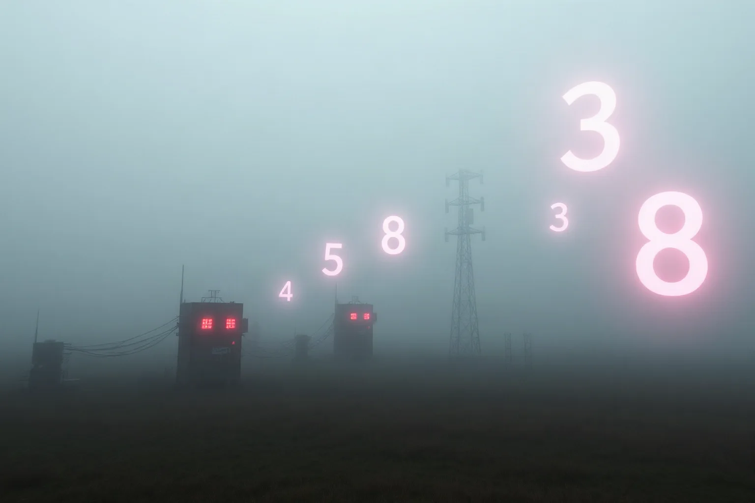 A surreal foggy landscape with radio towers in the distance and ghostly number symbols floating in the air