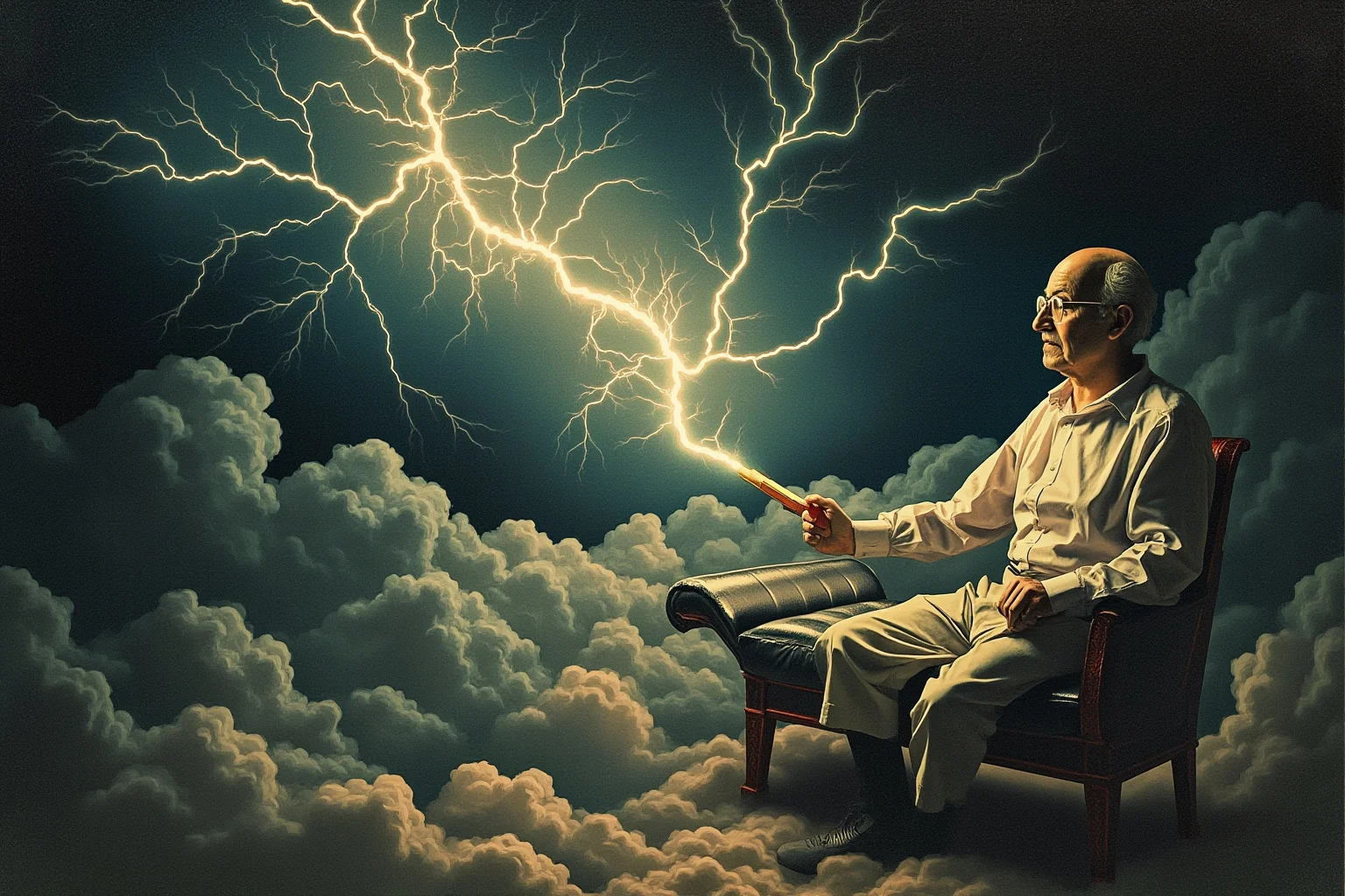 Historical Figures That Were Shockingly Born In The Same Year 16 A surreal illustration blending a glowing lightning bolt with a psychoanalytic couch, symbolizing science and psychology born from the same era