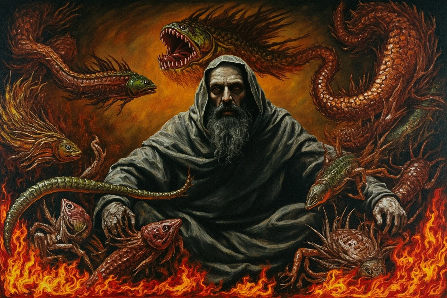 22 Creepiest Pieces of Medieval Art (And the Strange History Behind Them) 13 A surreal painting of a robed hermit surrounded by grotesque hybrid demon creatures made of fish, insects, and fire