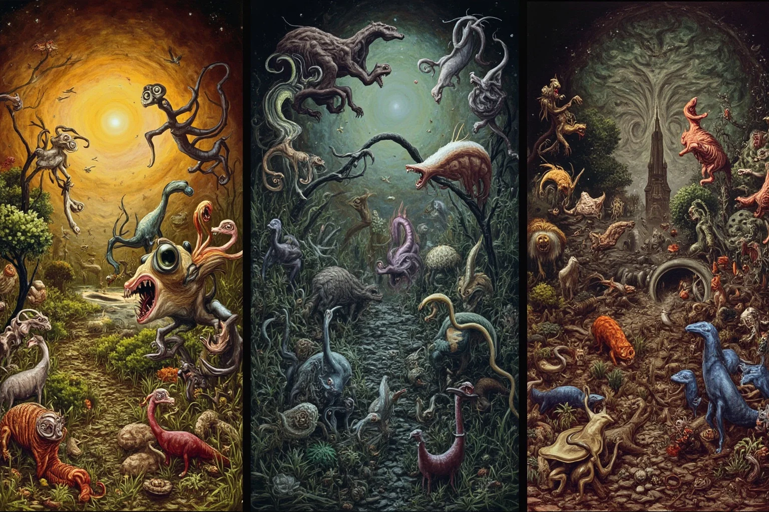 22 Creepiest Pieces of Medieval Art (And the Strange History Behind Them) 12 A surreal triptych painting showing a fantastical garden filled with strange creatures transitioning into a dark, chaotic hellscape