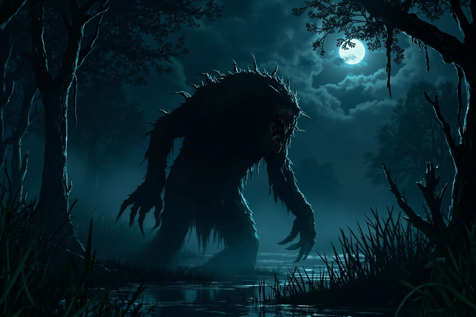 A swamp-set illustration of a shadowy loup-garou creature lurking near Louisiana bayou trees at night
