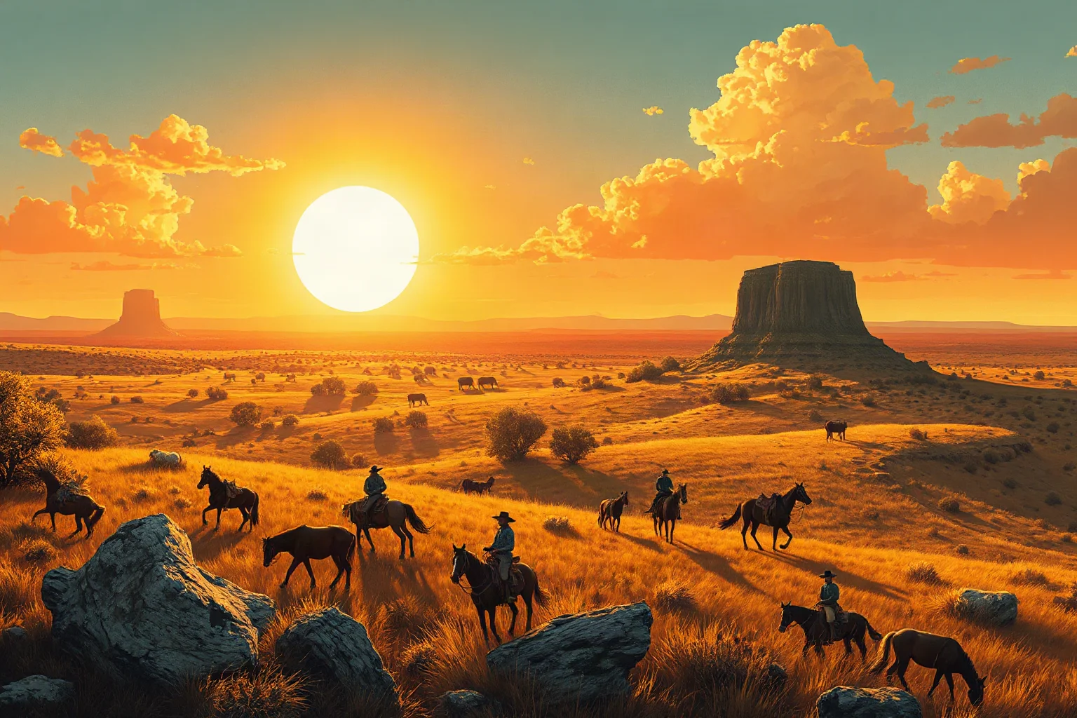 A sweeping illustration of a golden-hued Texas ranch landscape reminiscent of a classic 1950s epic film