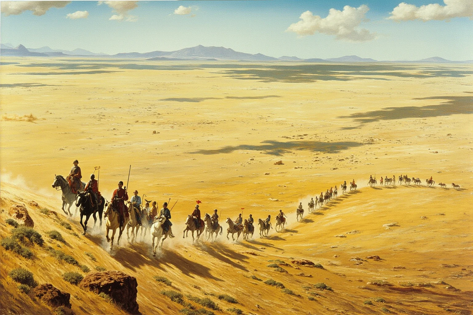 23 Worst Things That Ever Happened in History 4 A sweeping illustration of horseback riders crossing a vast steppe landscape, evoking the era of the Mongol conquests