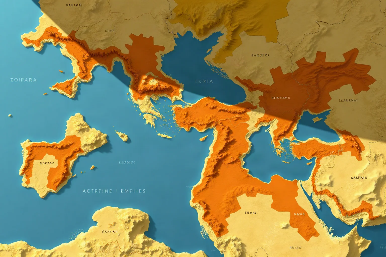 A sweeping map-style illustration of an ancient empire's territory stretching across continents