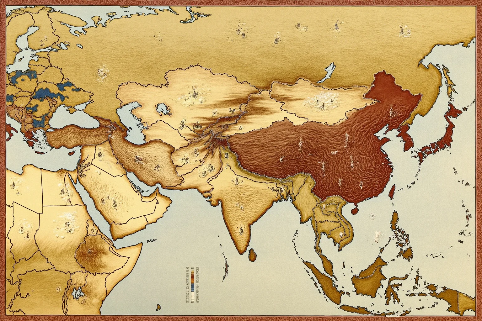 25 Little-Known Facts About Genghis Khan, the Brutal Ruler 7 A sweeping map-style illustration showing a vast empire stretching across Asia with mounted warriors