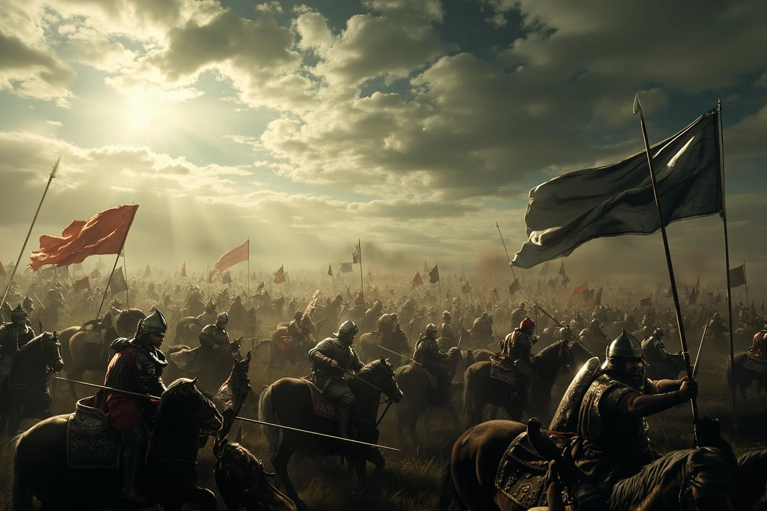 The Real Braveheart: The Story of How Robert the Bruce Freed Scotland 11 A sweeping medieval battlefield with spears, banners, and cavalry clashing under a cloudy sky