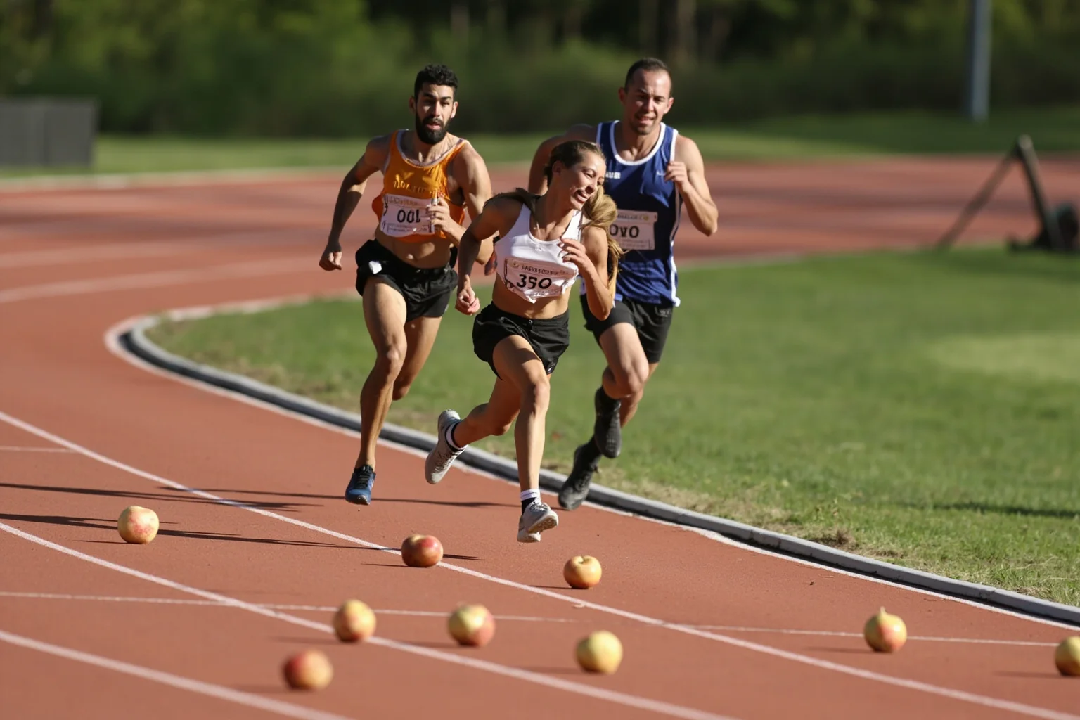 A swift female runner distracted by golden apples rolling across a race track while a male competitor speeds ahead