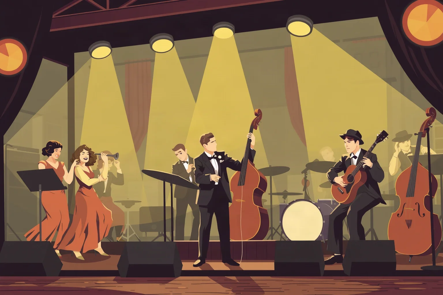 A swing-era big band performing in a 1930s Kansas City ballroom, energetic illustration style