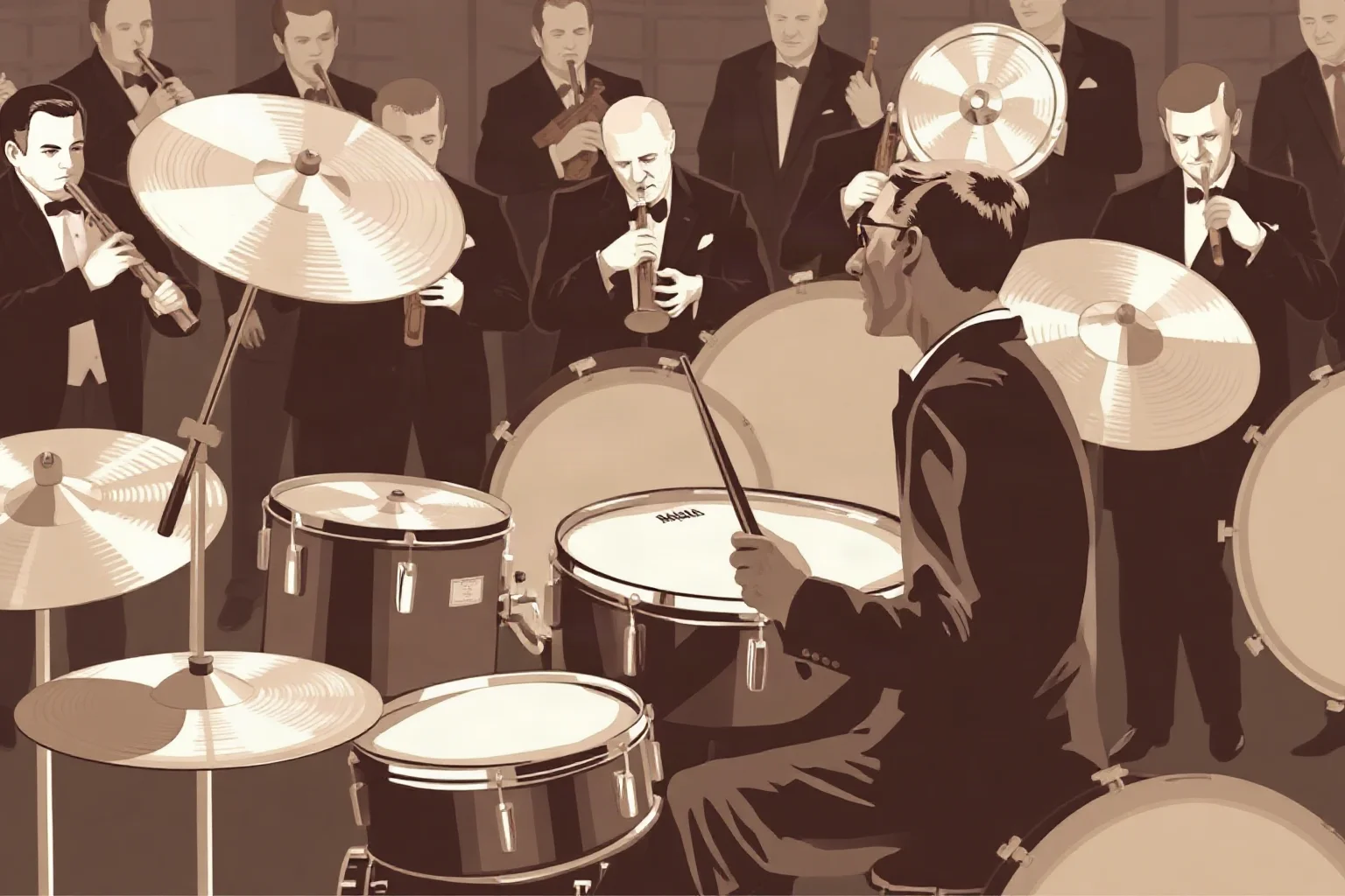 A swing-era drummer with a shining cymbal setup performing before a big band, sepia-toned illustration