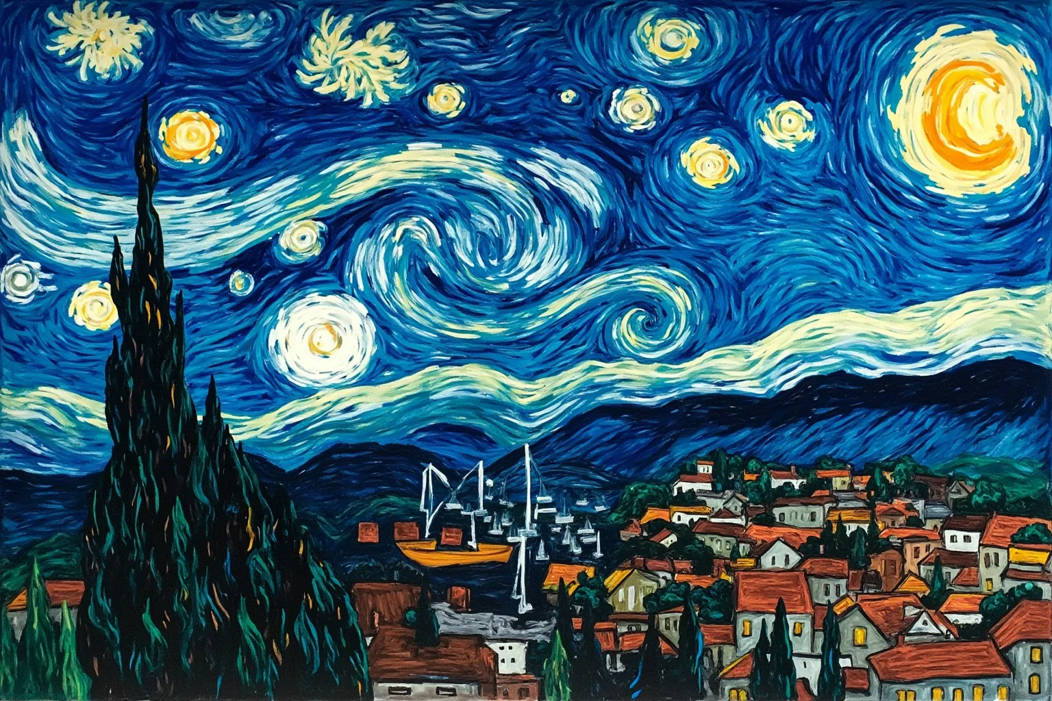 The Most Famous Historical Paintings in the World 4 A swirling post-impressionist night sky painting with a small village and cypress trees below