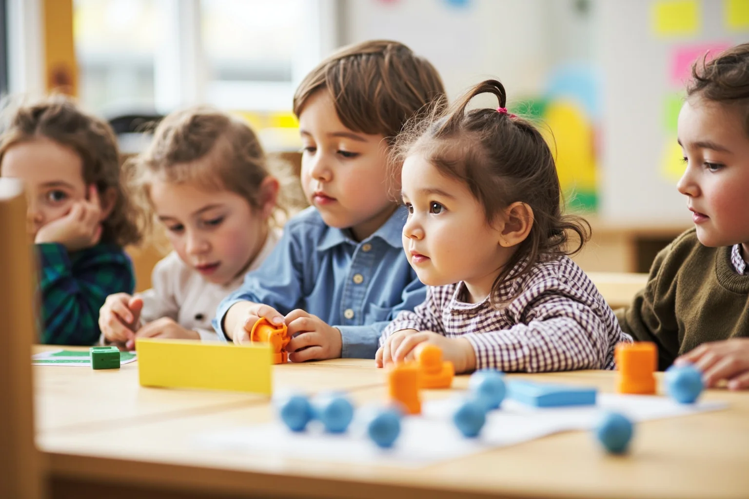 A Swiss classroom or developmental psychology setting with children of different ages engaged in learning activities and cognitive tasks