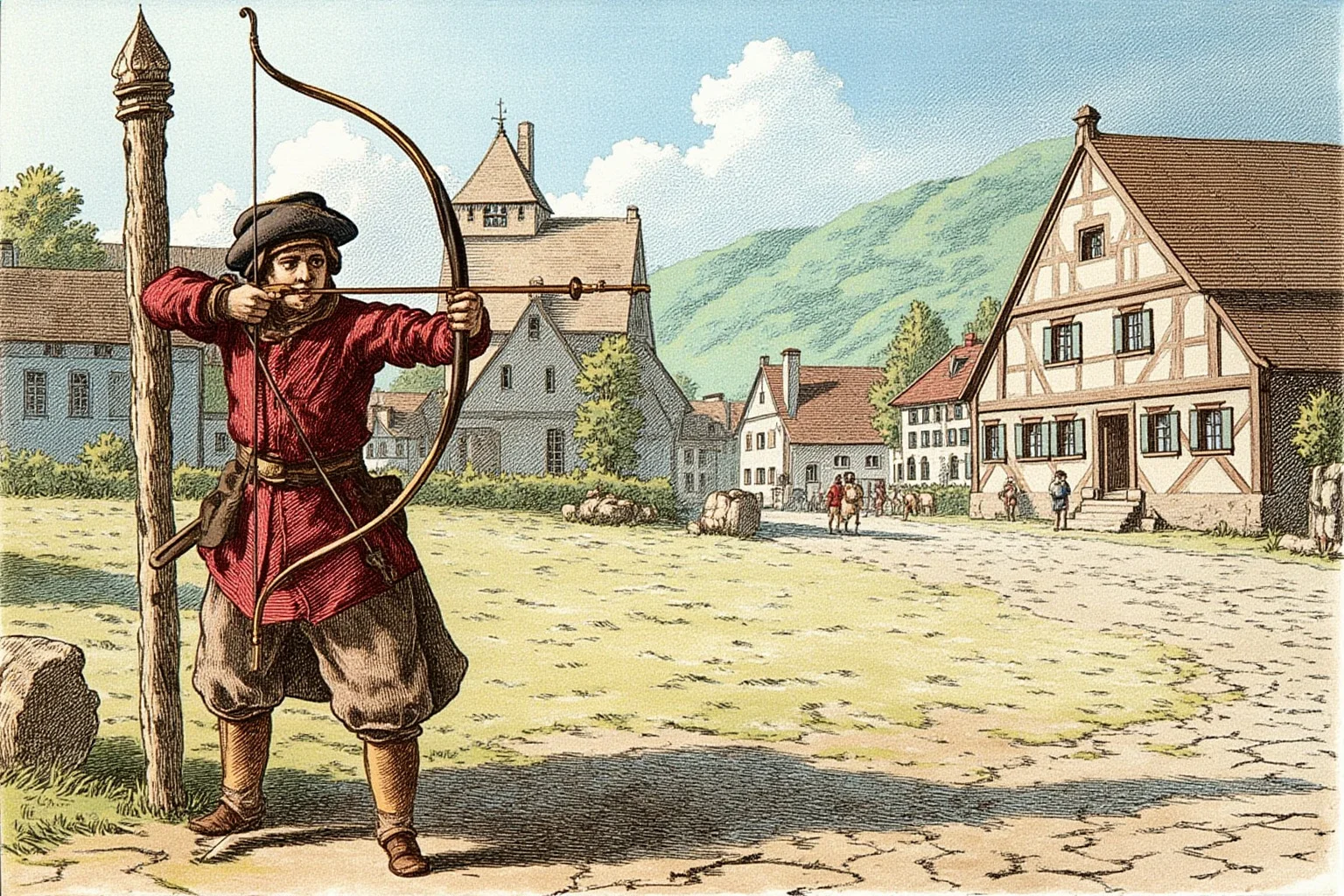 A Swiss marksman aiming a crossbow in a medieval village square, illustrated style