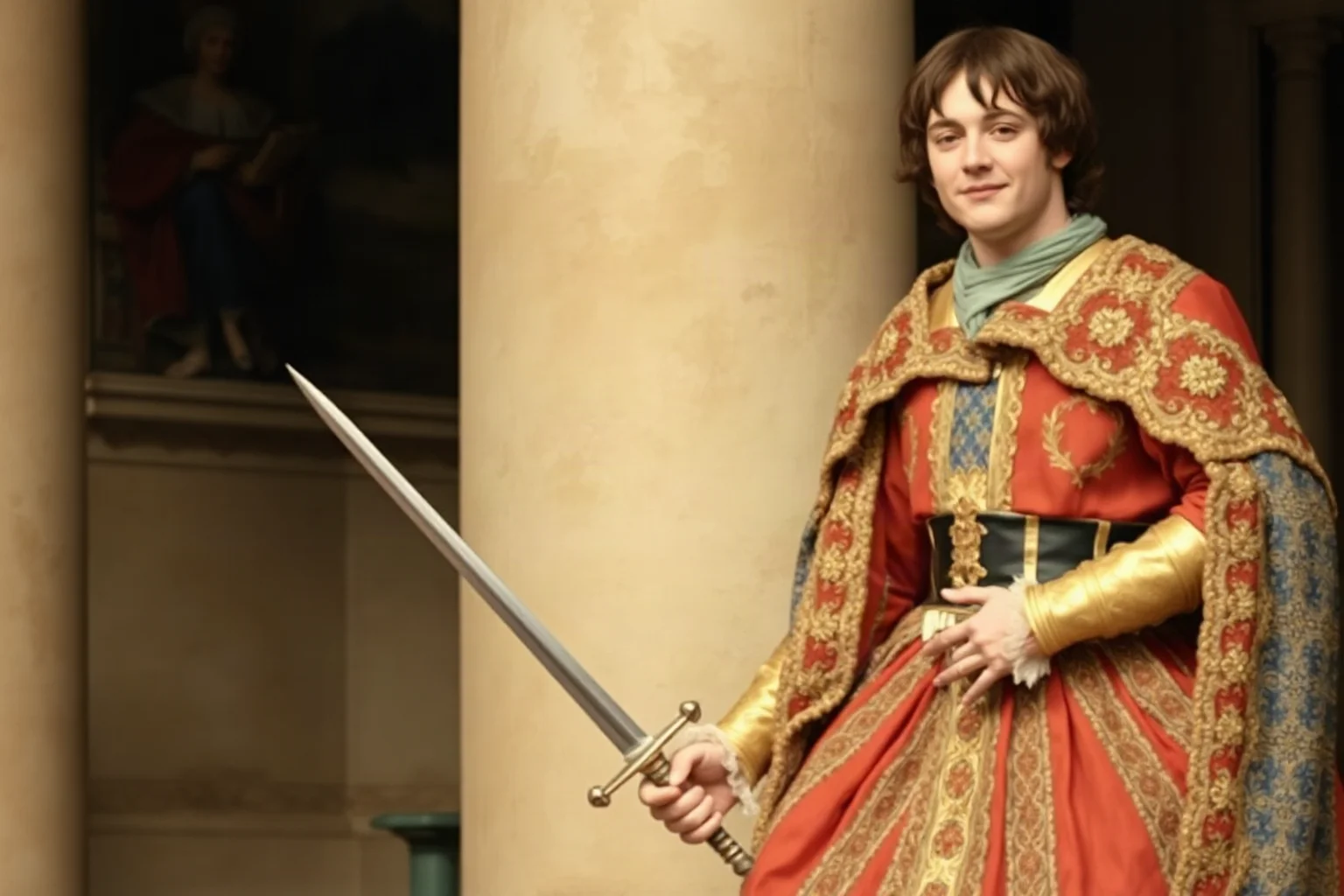 A sword-carrying French court jester standing loyally beside a Renaissance king