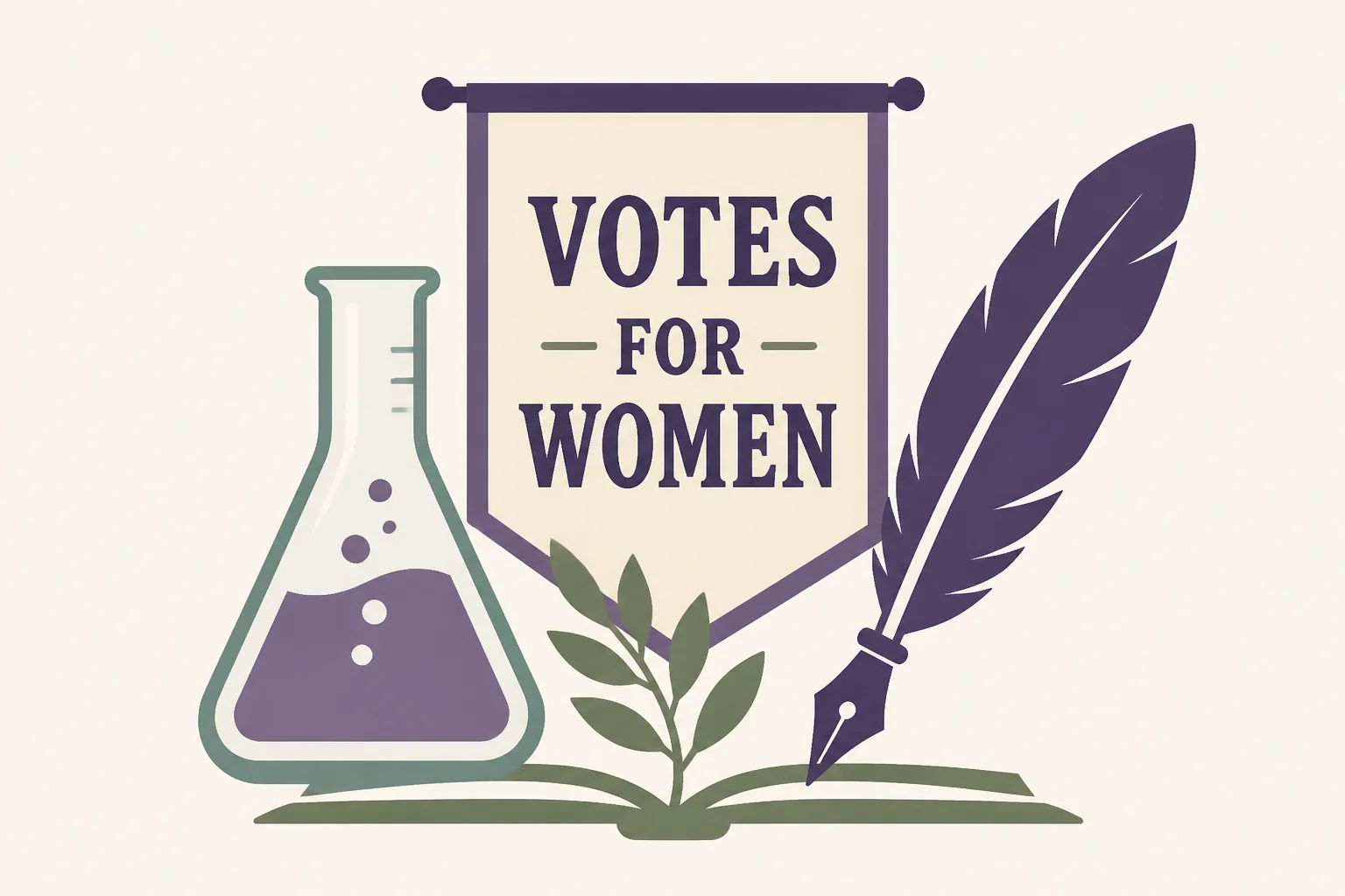 A symbolic flat-design graphic showing a scientist's lab flask, a suffrage banner, and a quill pen arranged together to represent women's contributions across history