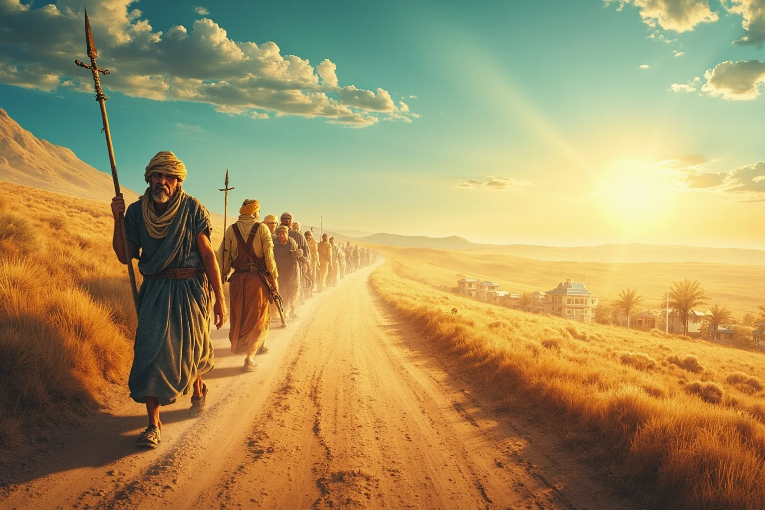 25 Captivating Facts About the Persian Empire 5 A symbolic illustration of ancient exiled travelers walking home along a dusty road under an open sky