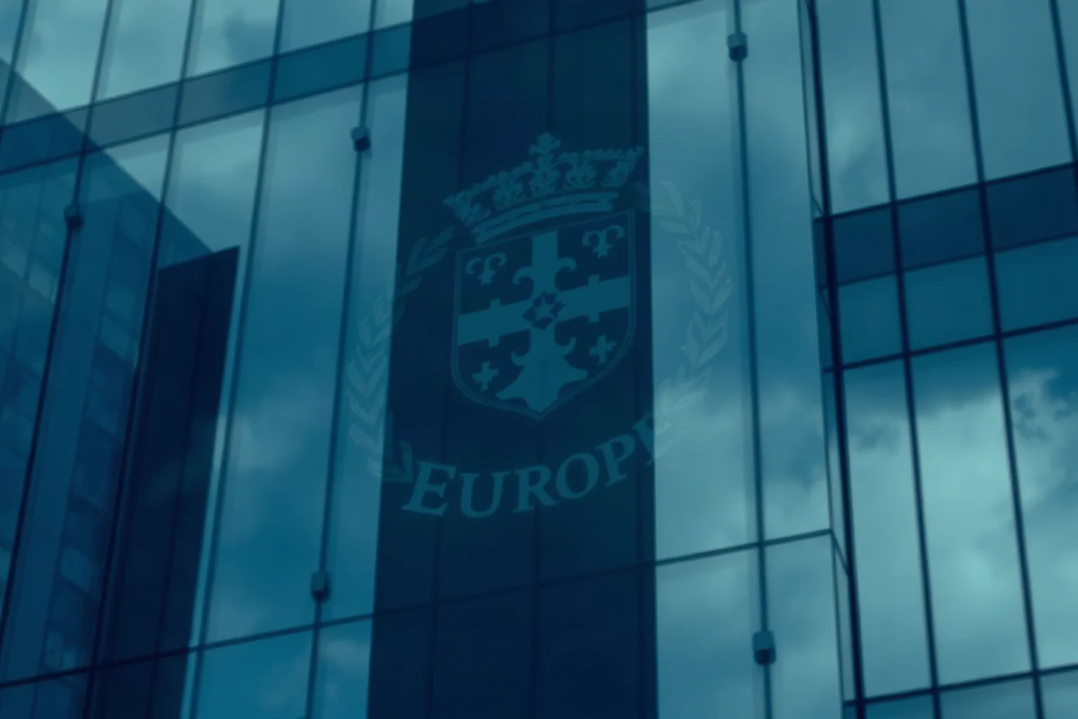 A symbolic image of an old European crest fading into a modern glass skyscraper reflection