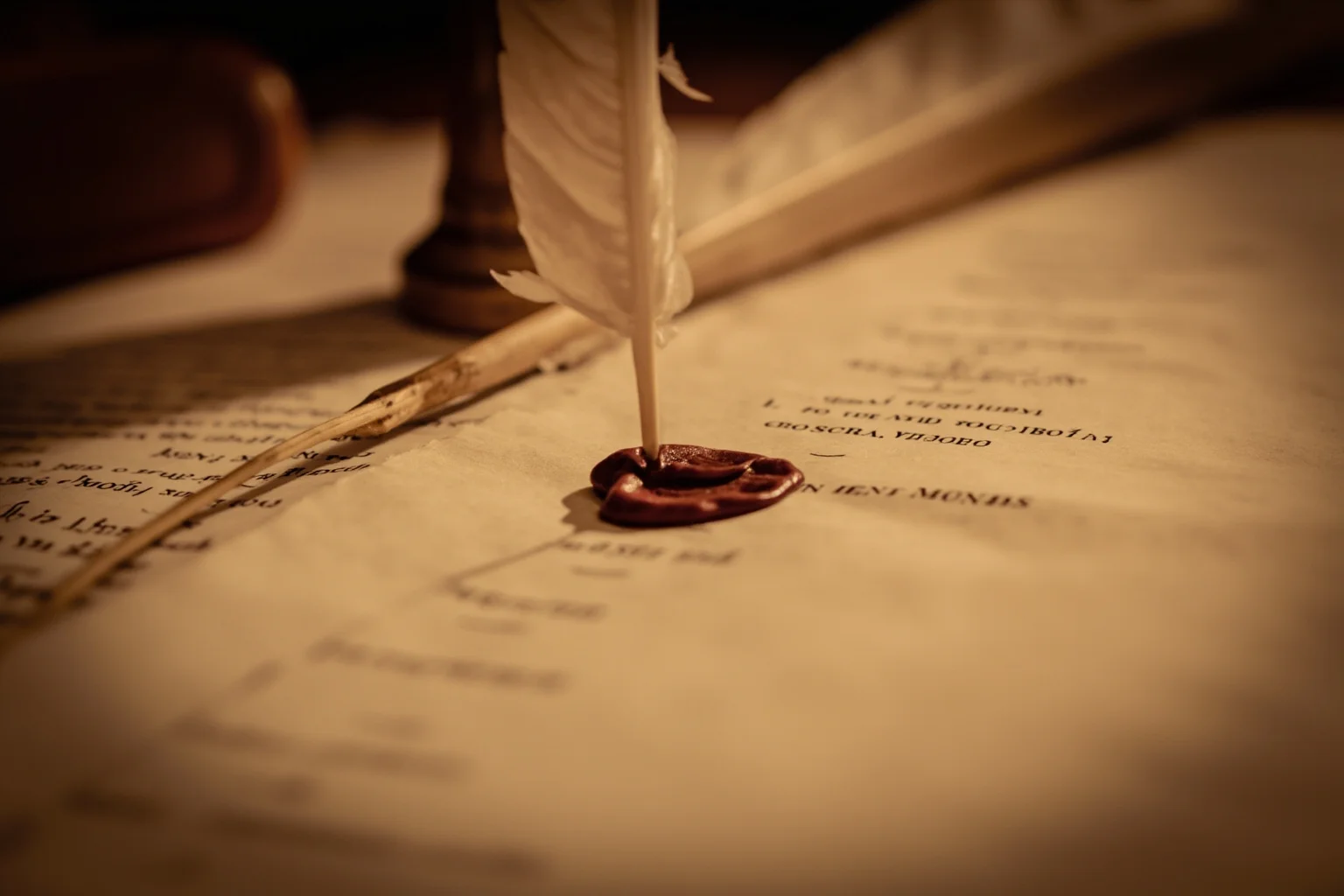 The British Abolished the Monarchy Before — So Why Did They Bring It Back? 3 A symbolic image of an old parchment document with a wax seal and quill, representing Magna Carta or the Bill of Rights, warm archival lighting