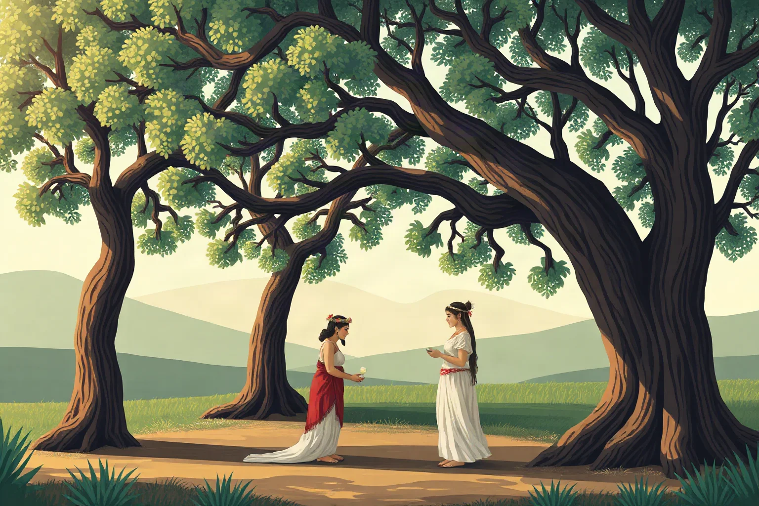 A symbolic Indigenous wedding ceremony under trees, generic figures, historical illustration style